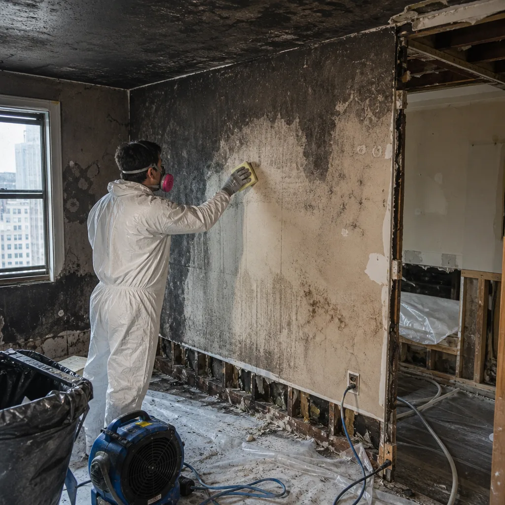 Technician in protective suit cleaning soot from fire-damaged interior wall