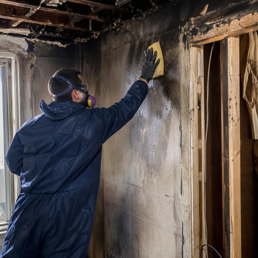 Professional technician performing fire and smoke damage restoration on a charred wall