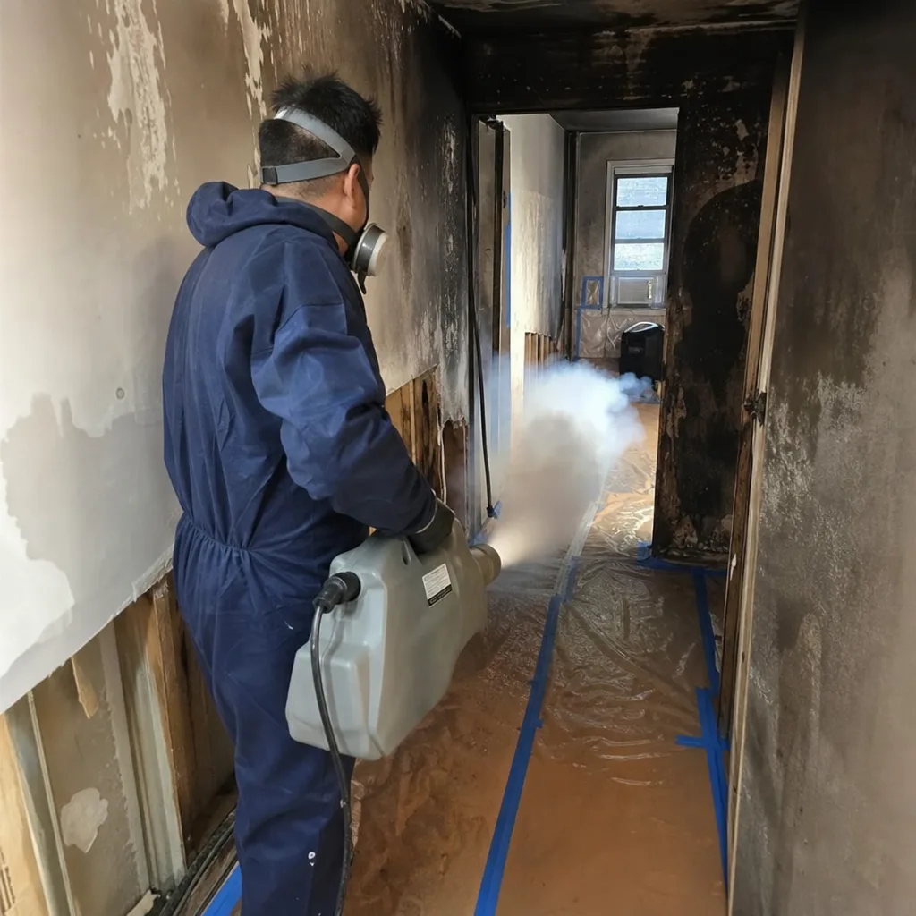 Technician performing professional smoke odor removal in a fire-damaged home