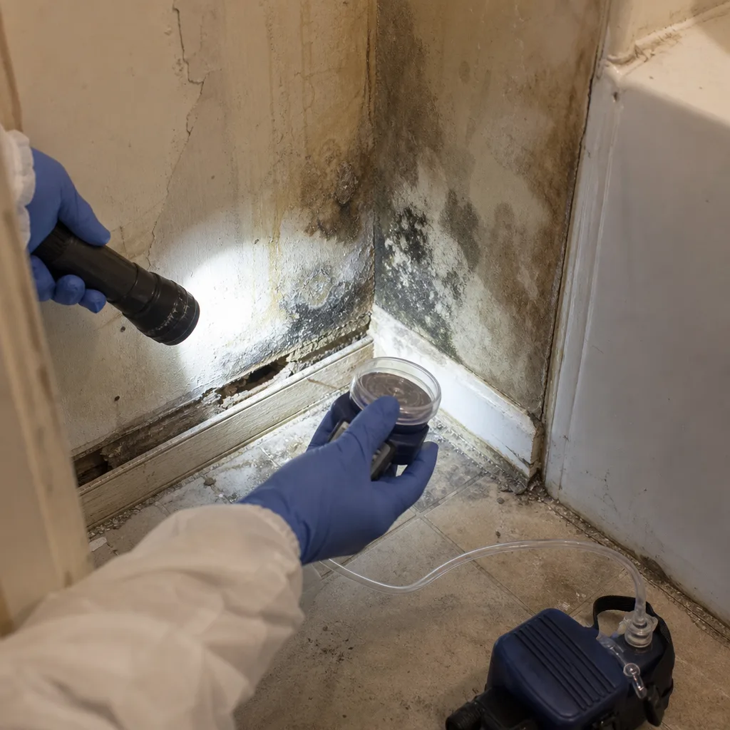 Professional mold remediation specialist inspecting mold growth in a bathroom corner