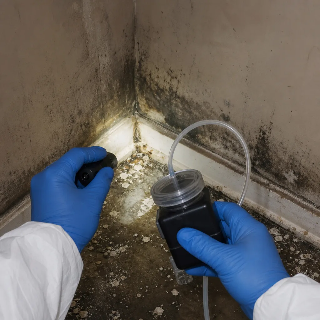 Professional performing mold remediation and air quality testing in a building.