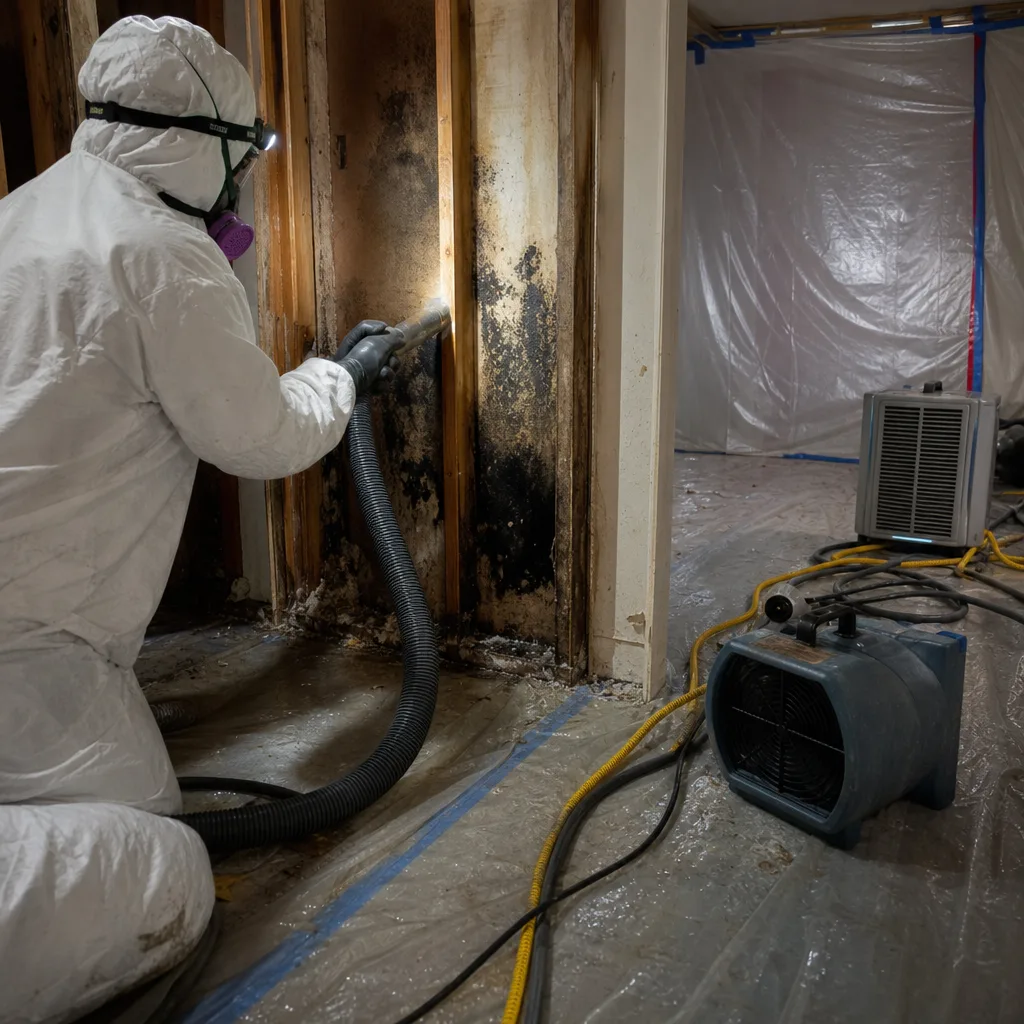 Technician in protective suit performing professional mold remediation on house walls