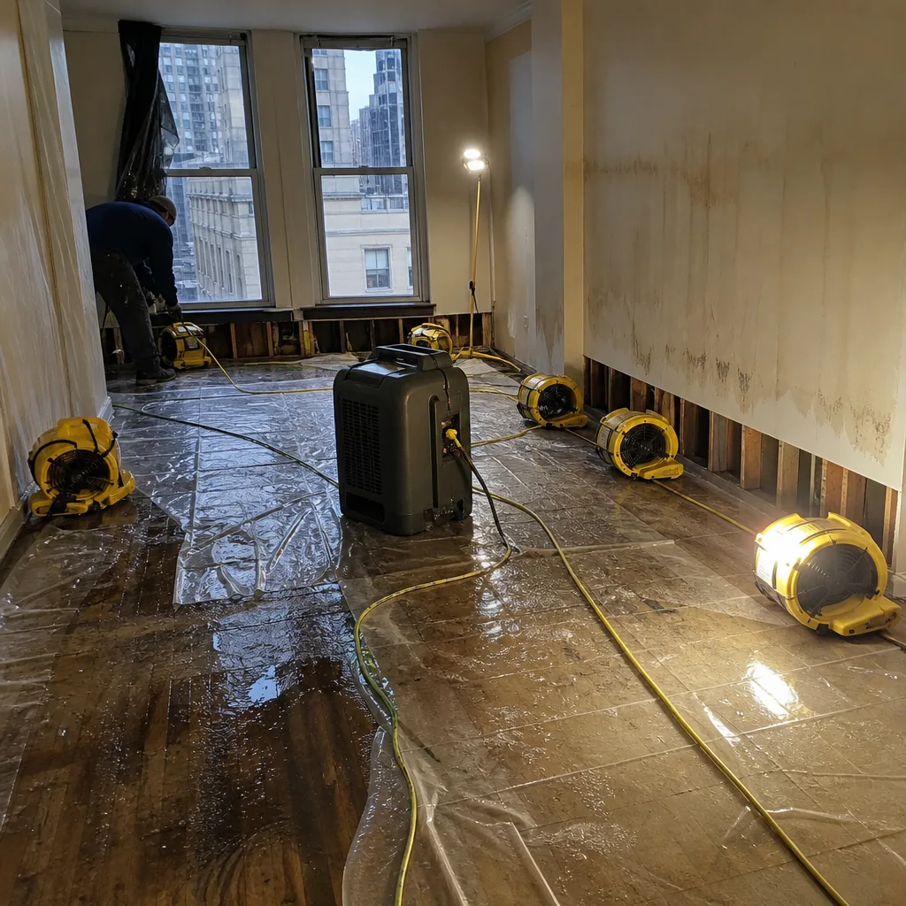 Technician using industrial fans and dehumidifier for water damage restoration.