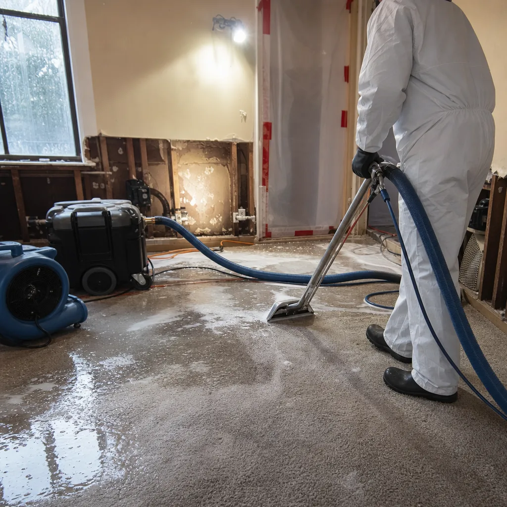 Water damage restoration professional using carpet extraction equipment in a flooded room